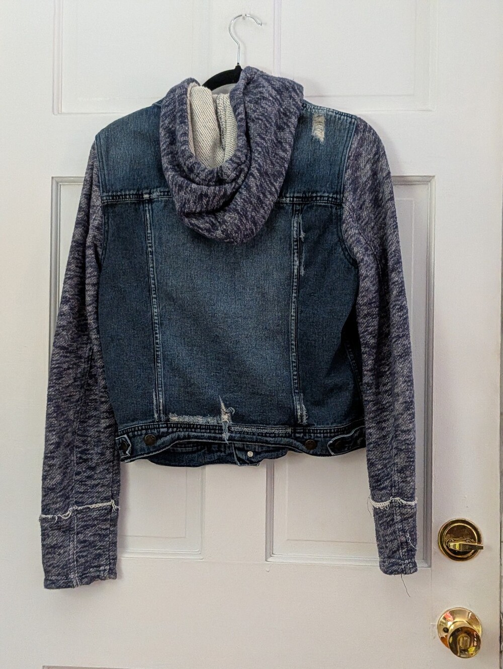 Free People Knit Hooded Distressed Denim Jacket Blue Gray - Picture 3 of 6